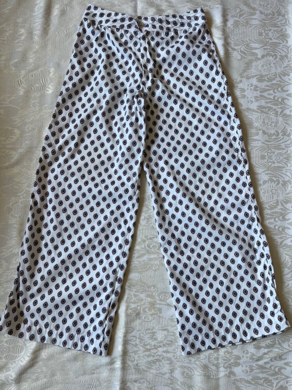 VTG 70s ILGWU Wide Leg Palazzo Pants Blue Red Foulard Geometric Print Cotton 28